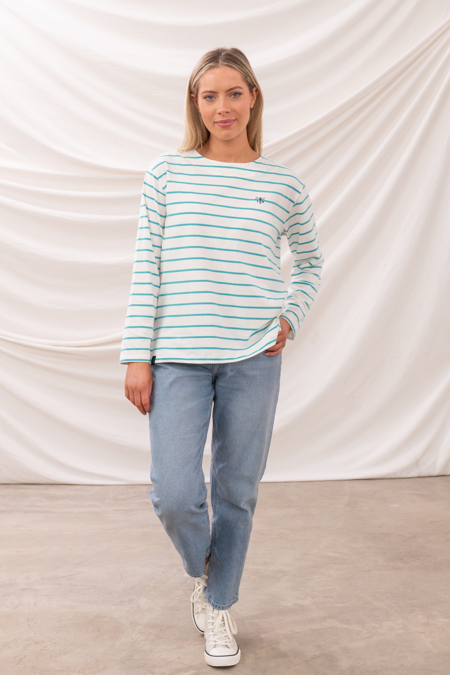 Lighthouse Womens Causeway II Long Sleeve Breton Top - Soft Teal Stripe