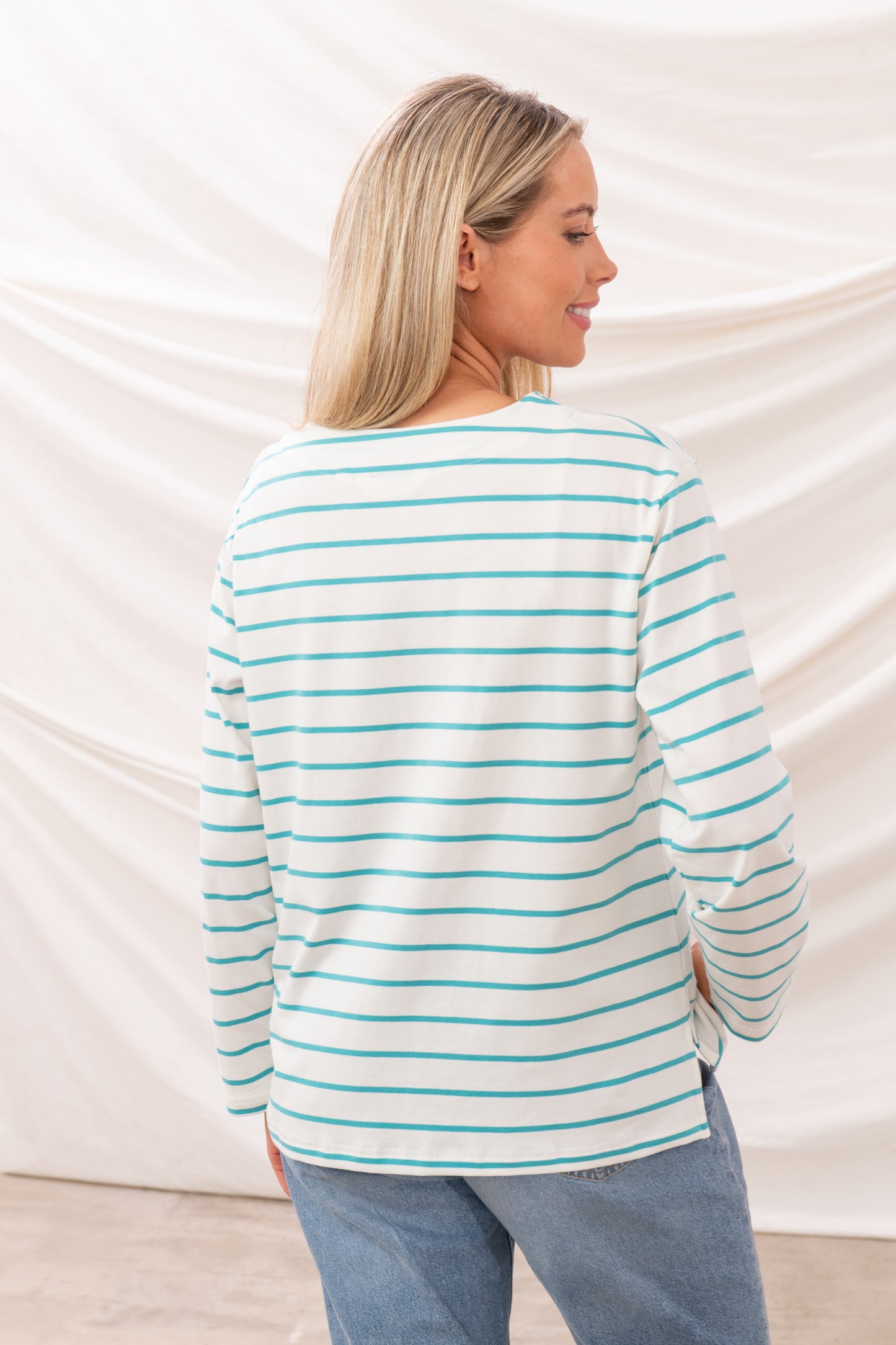 Lighthouse Womens Causeway II Long Sleeve Breton Top - Soft Teal Stripe
