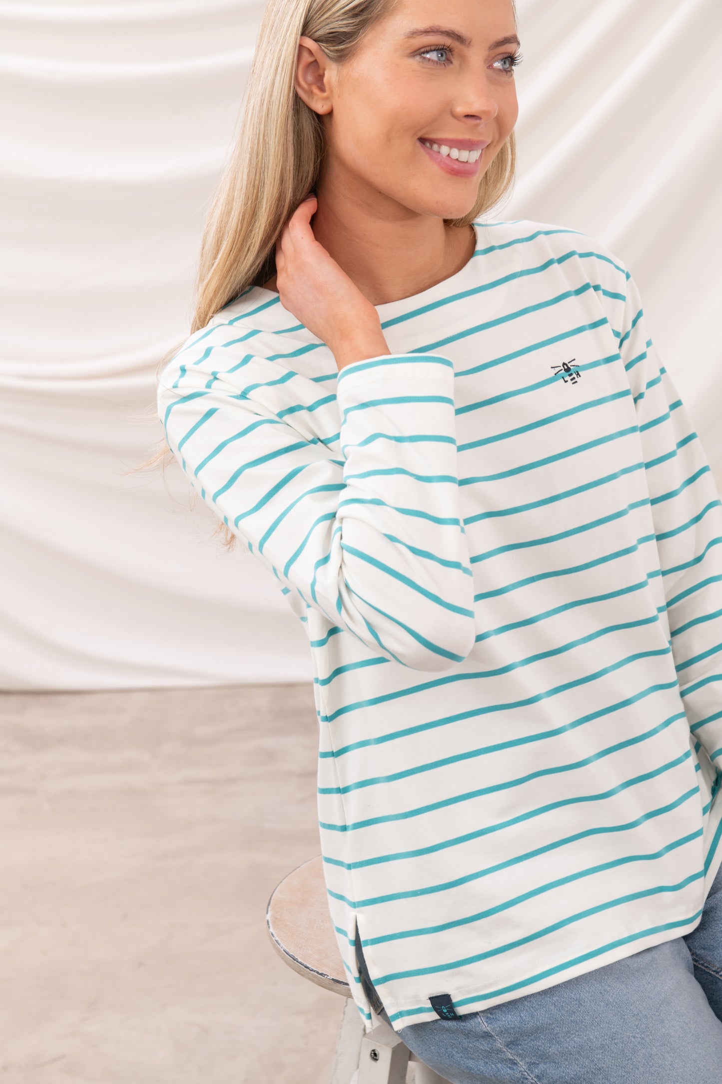 Lighthouse Womens Causeway II Long Sleeve Breton Top - Soft Teal Stripe