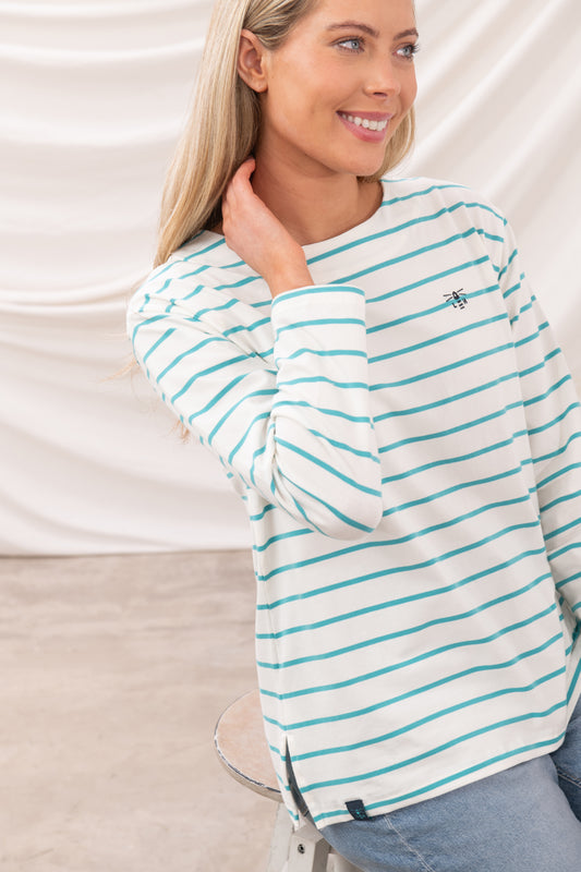 Lighthouse Womens Causeway II Long Sleeve Breton Top - Soft Teal Stripe
