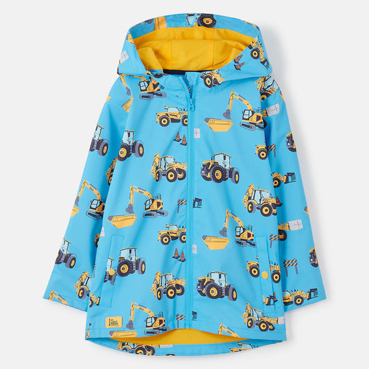 A blue waterproof jacket with a JCB machinery print, featuring a hood and popper pockets, designed for children.