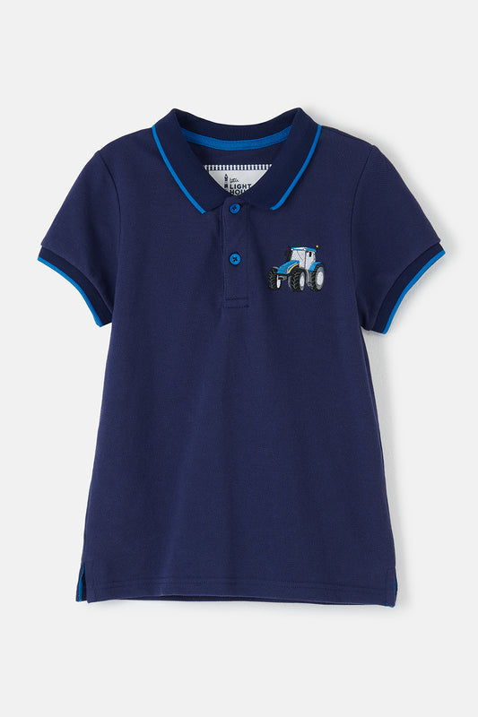 Lighthouse Kids Pier Navy Short Sleeve Pique Polo Shirt - Blue Tractor