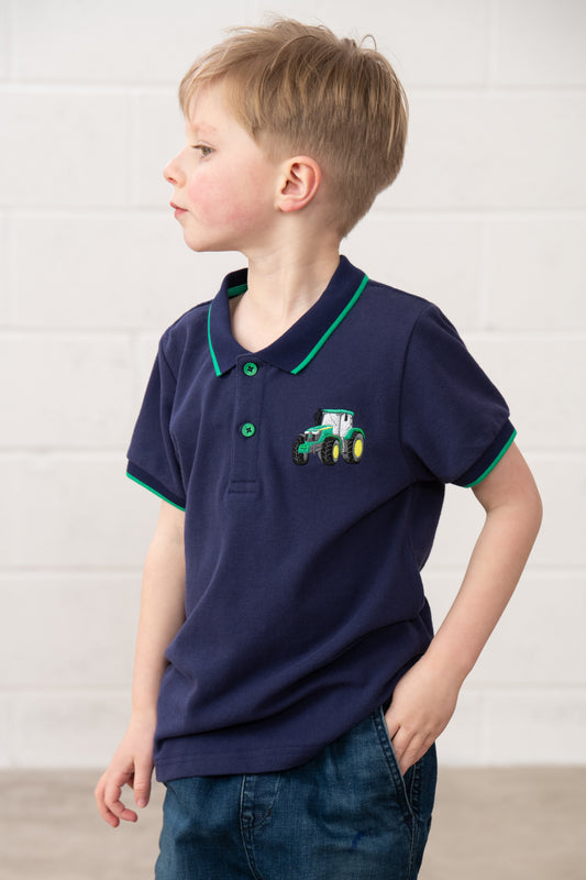 Lighthouse Kids Pier Navy Short Sleeve Pique Polo Shirt - Green Tractor