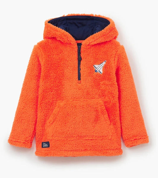 Orange sherpa fleece with blue lined hoodie. small spaceship logo on front and half zip