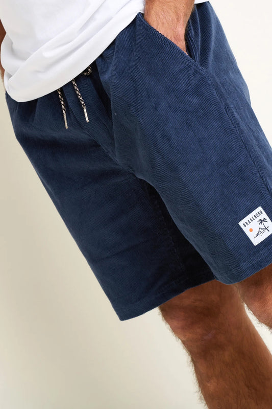 Brakeburn cord shorts mens navy with drawstring waist and side pockets in a close-up view