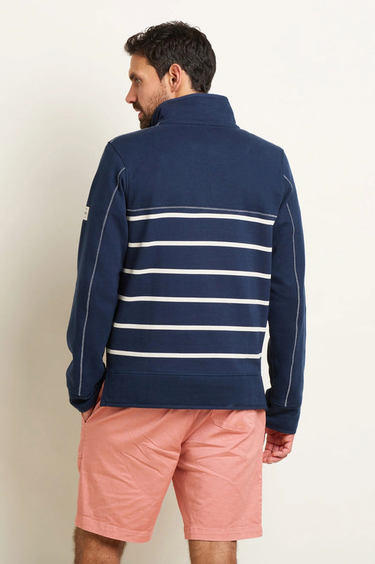 Brakeburn mens stripe sweatshirt navy in navy blue with white horizontal stripes shown from back