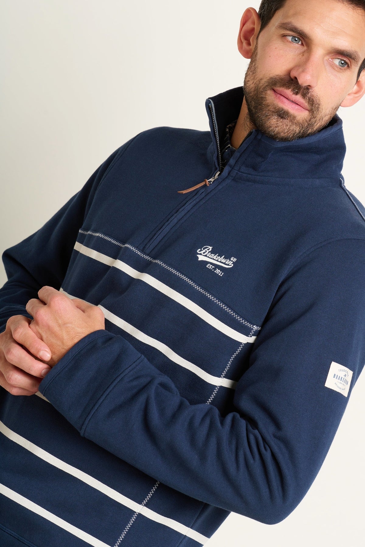 Brakeburn mens stripe sweatshirt navy with half zip and white horizontal stripes