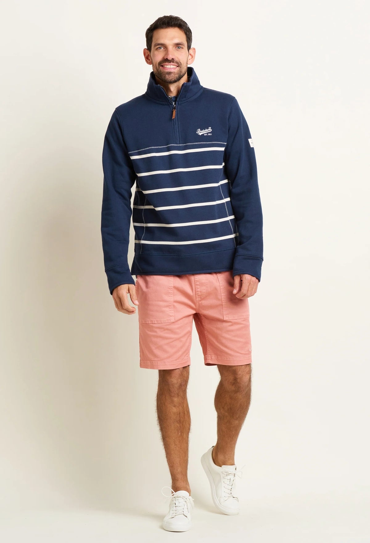 Brakeburn mens stripe sweatshirt navy with white horizontal stripes and half-zip collar