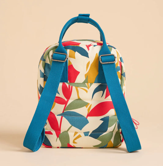 Brakeburn multicoloured print backpack with blue adjustable straps and vibrant leaf pattern