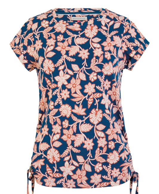 A Brakeburn womens Midnight Garden short sleeve t-shirt in navy with a red and cream floral pattern and tie side detail, on a white background
