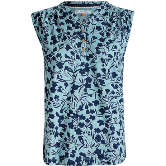 Front view of a womens Brakeburn Shadow Floral Vest, in a two tone blue pattern with wooden buttons at the neckline on a white background