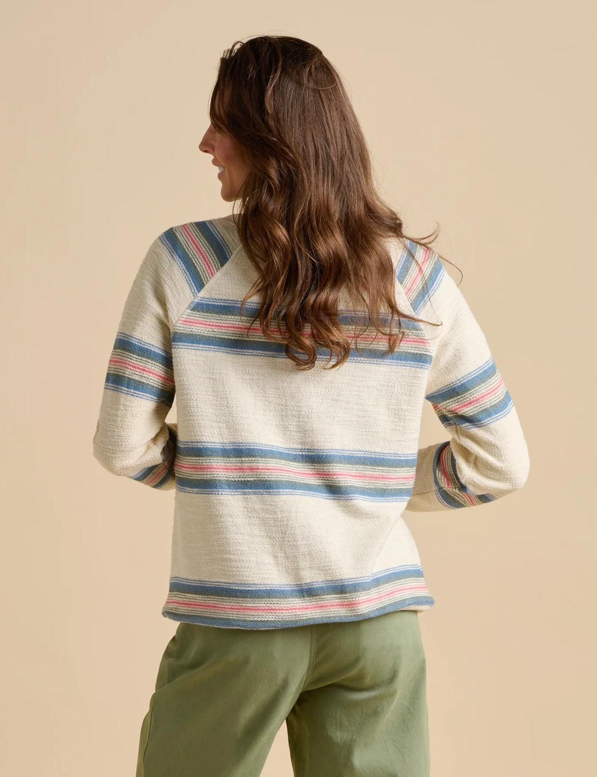 Brakeburn womens stripe jumper sweat in cream with blue and pink horizontal stripes shown from the back