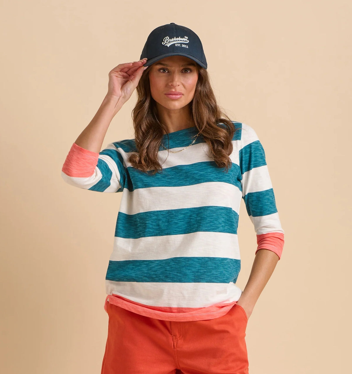 Brakeburn womens stripe t-shirt with teal and white horizontal stripes and coral sleeve cuffs