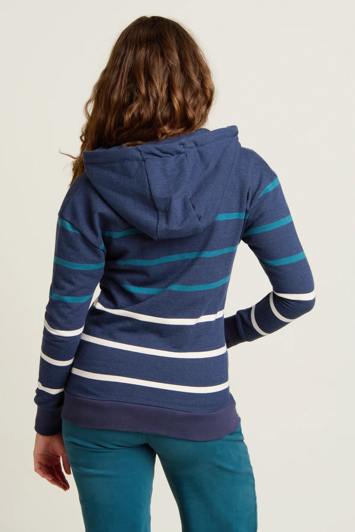 Brakeburn womens stripe zip hoodie in navy with teal and white horizontal stripes, back view