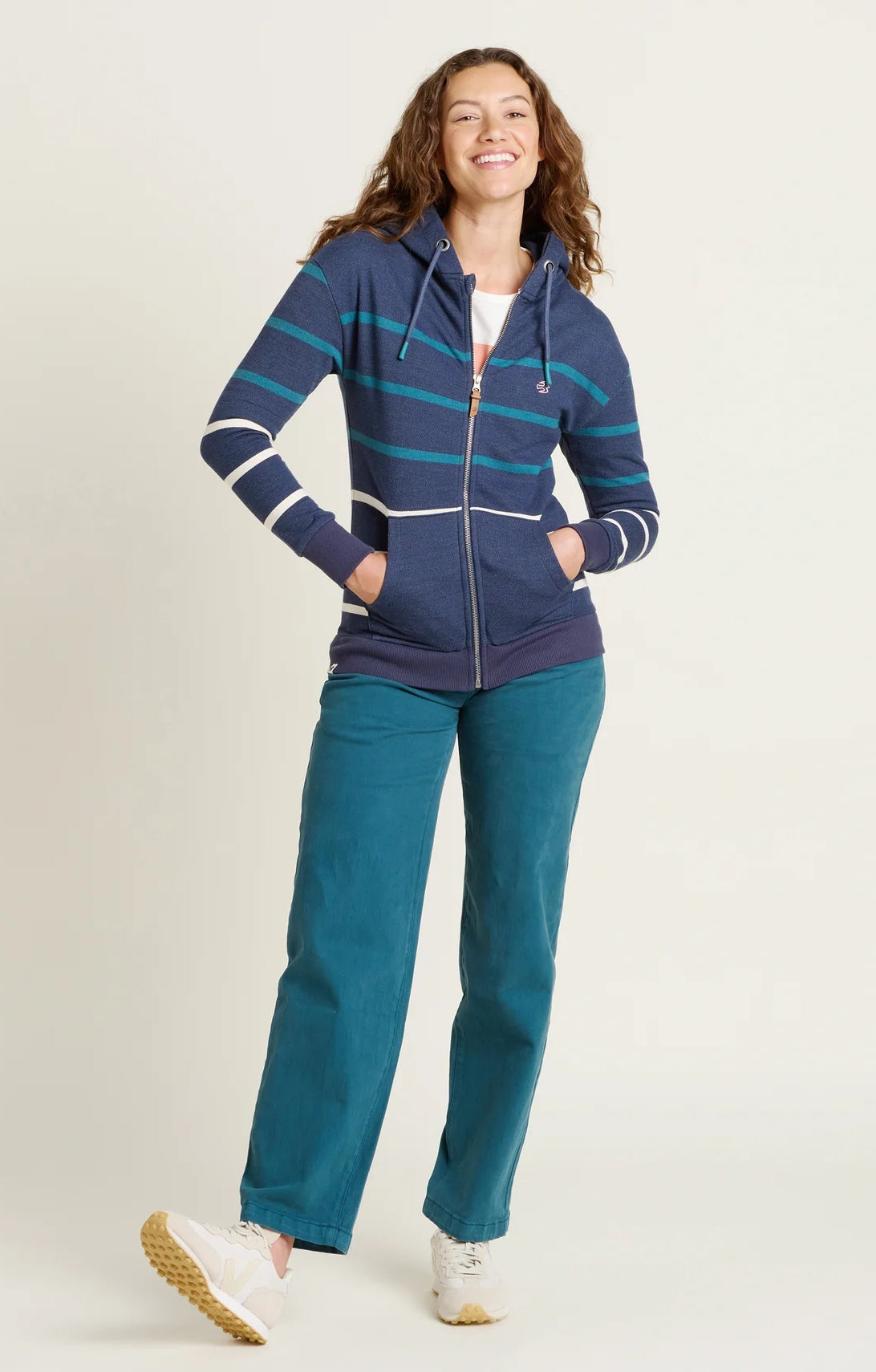 Brakeburn womens stripe zip hoodie in navy with teal and white stripes, full front zipper, and pockets