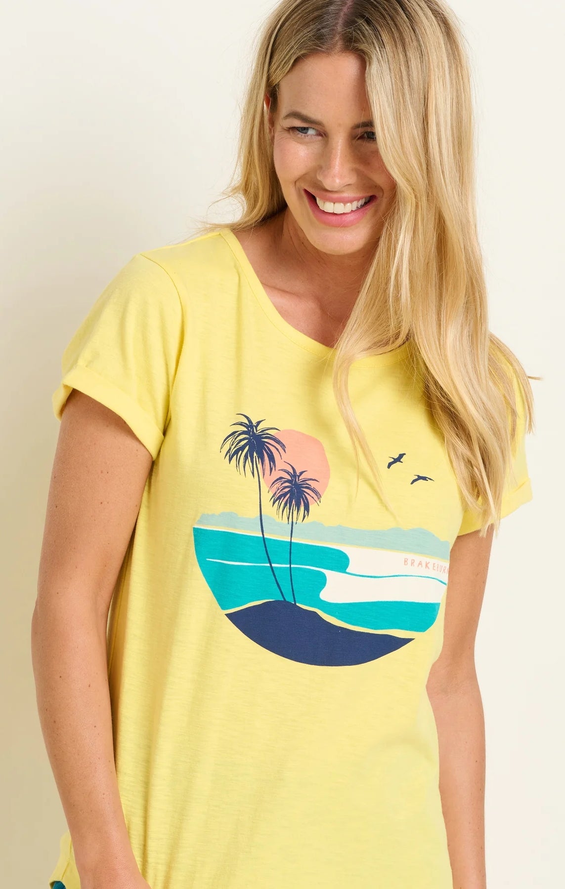 Brakeburn womens yellow t-shirt with short sleeves and tropical palm tree graphic print