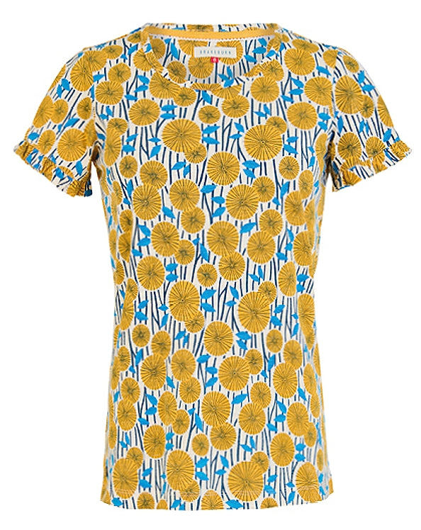 Brakeburn womens yellow t-shirt with blue and yellow floral pattern and short ruffled sleeves