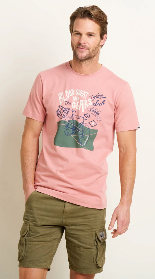 Brakeburn men's Blood, Sweat and Gears short sleeve printed tee in pink.
