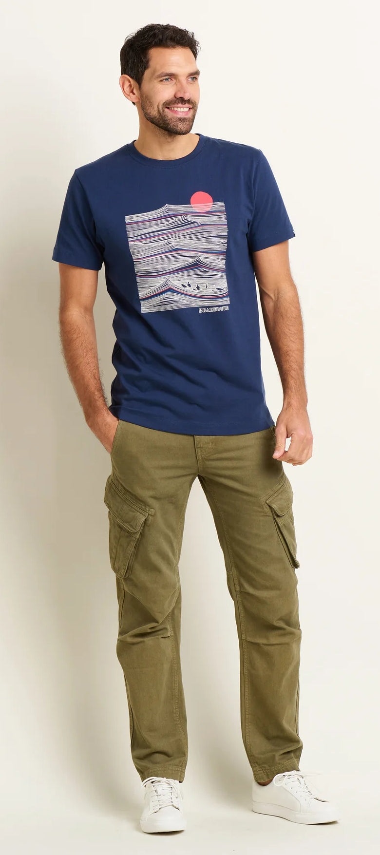 Brakeburn navy men's Sitting Surfers tee with a linear style waves print with surfers and sunset.