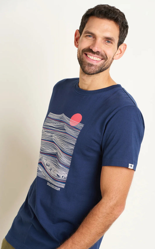 Brakeburn men's Sitting Surfers navy tee featuring a linear waves with surfers print on the front.