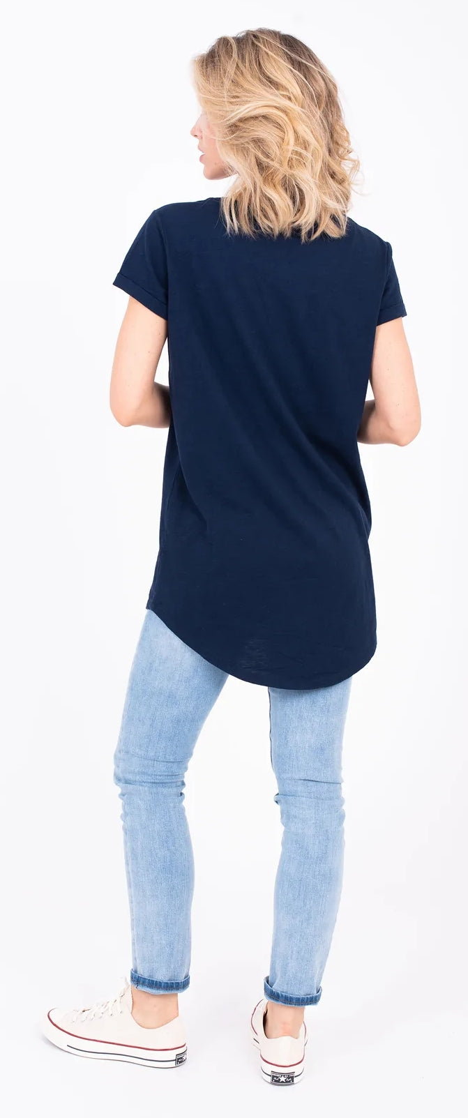 Women's longline short sleeve t-shirt in navy with Good Vibes palm tree print from Brakeburn.