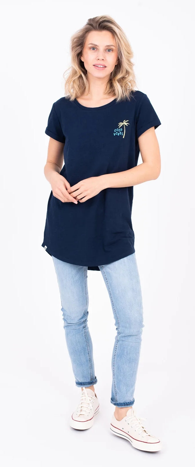 A women's short sleeve longline navy Good Vibes t-shirt from Brakeburn.