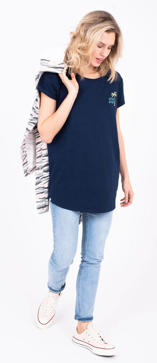 A longline women's navy tee with Good Vibes palm tree print from Brakeburn.