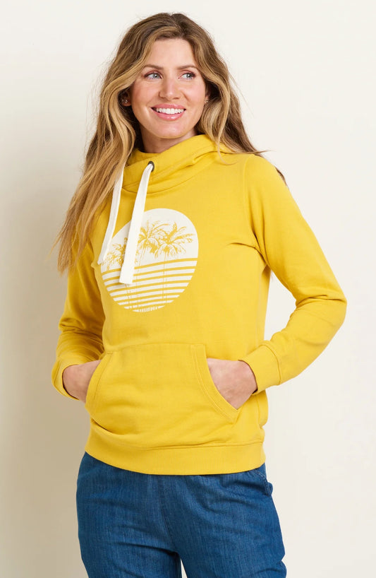 Women's Brakeburn yellow hooded Elise sweatshirt with palm tree print.