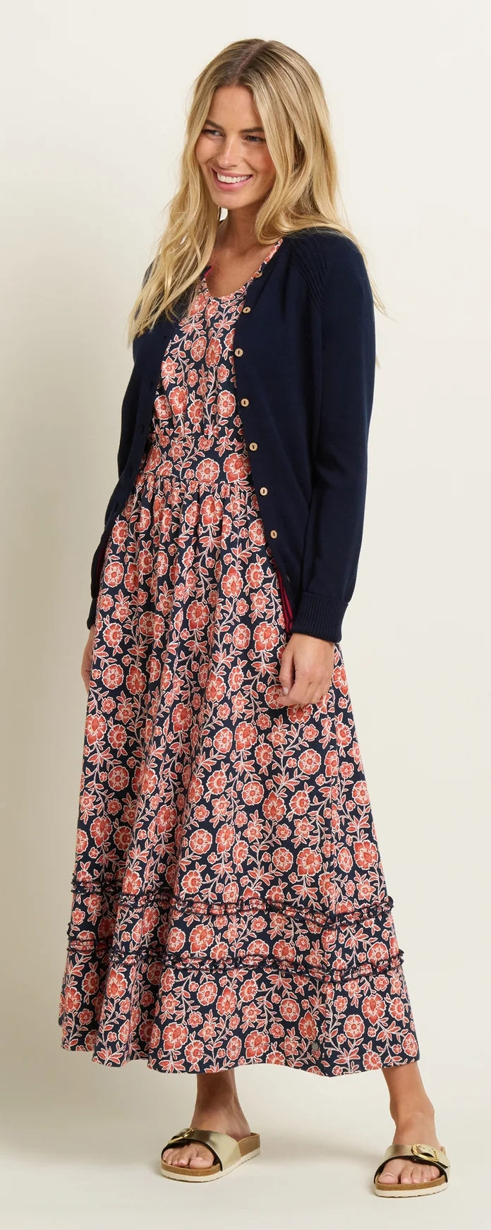 Women's knitted cardigan from Brakeburn in navy with wooden buttons.