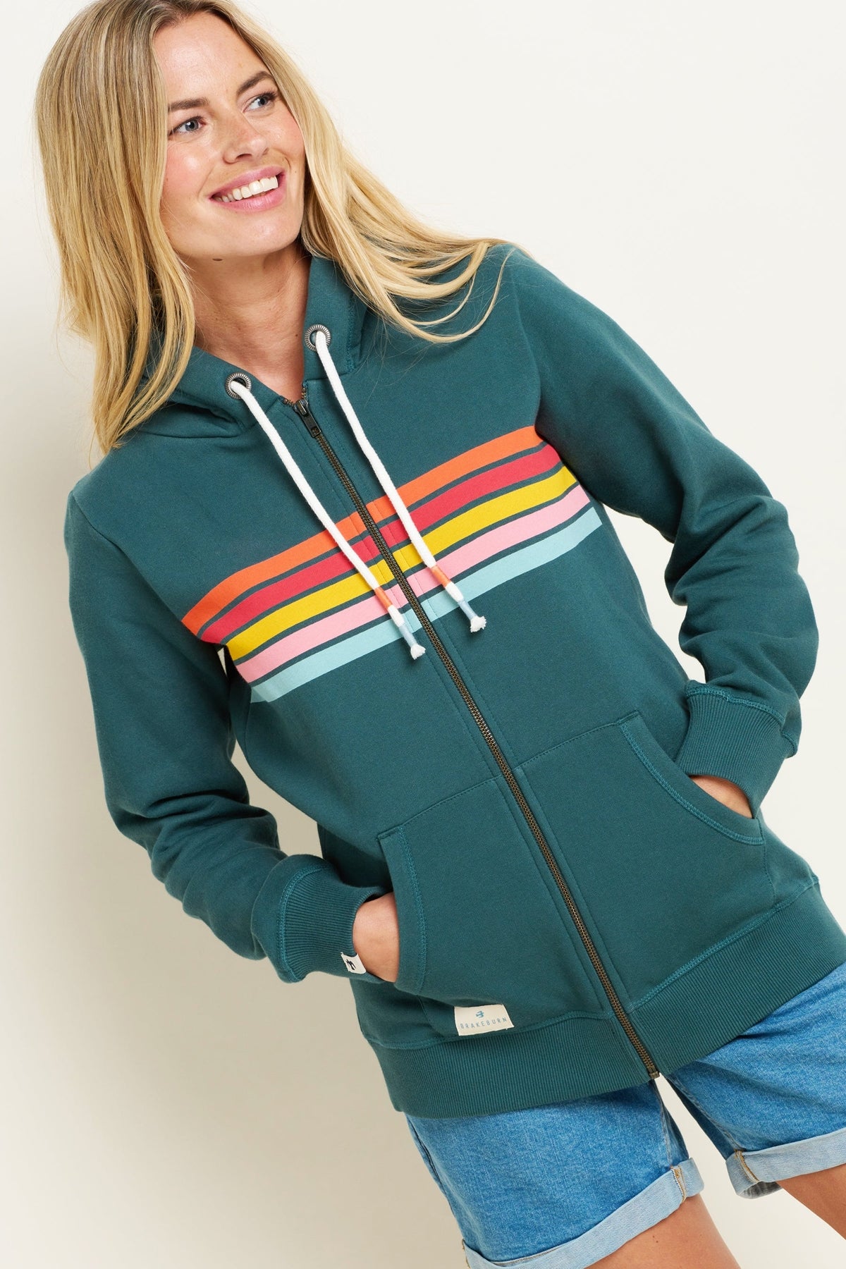 Women's Brakeburn Teal full zip hoodie with printed Retro stripe pattern across the chest and front tummy pockets.