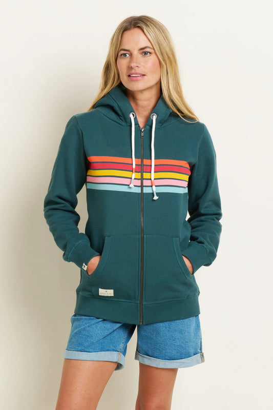 Brakeburn women's Teal full zip hoodie with multicoloured Retro stripes printed across the chest.