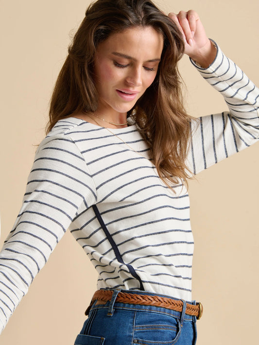 Women's white and navy stripe long sleeve Bella crew top from Brakeburn with contrasting Navy side seam trim.