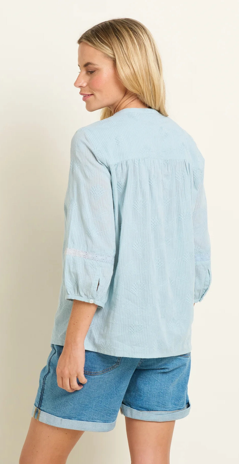 Brakeburn women's three quarter sleeve Fan Blouse in blue.