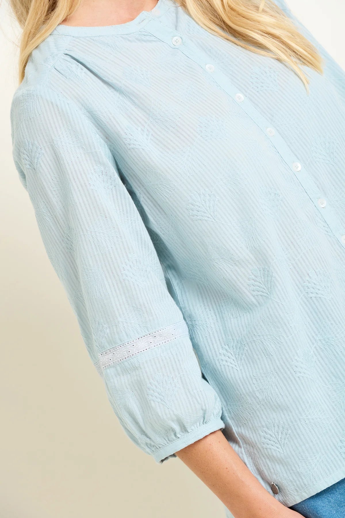 Brakeburn women's vertical stripe texture Fan Blouse pattern in light blue.