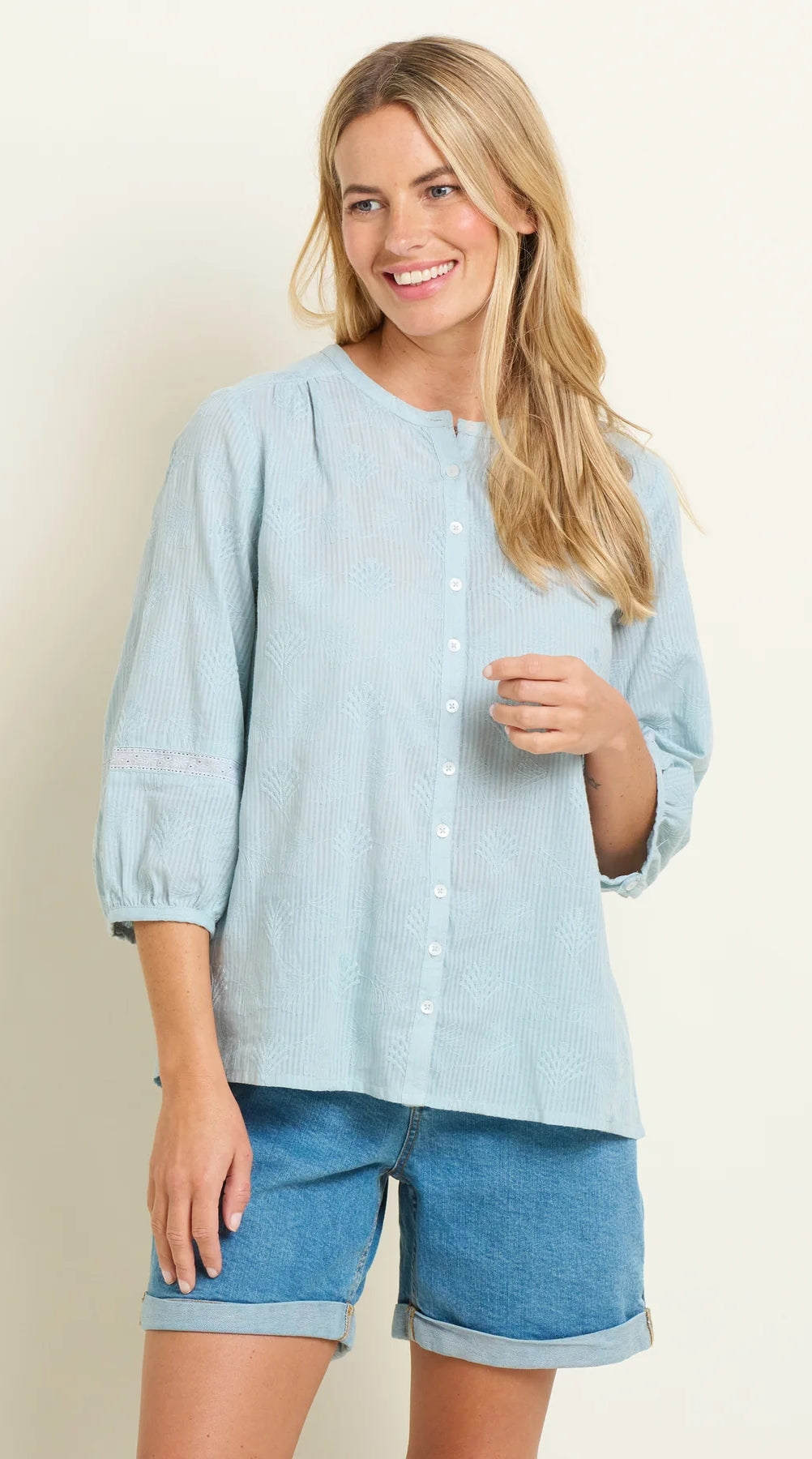Brakeburn women's 3/4 sleeve Fan Blouse in blue.