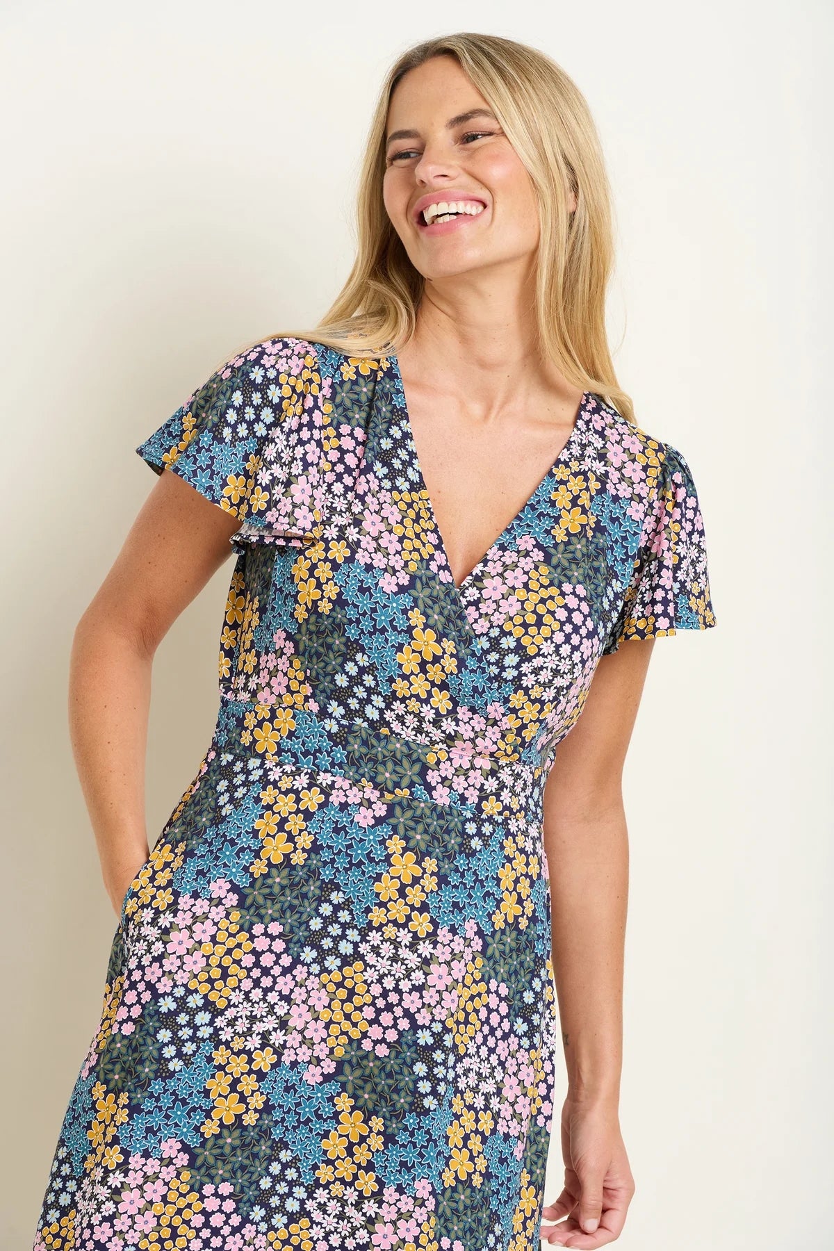 Multicoloured floral Wildflower Meadow wrap neck short sleeve women's dress from Brakeburn.