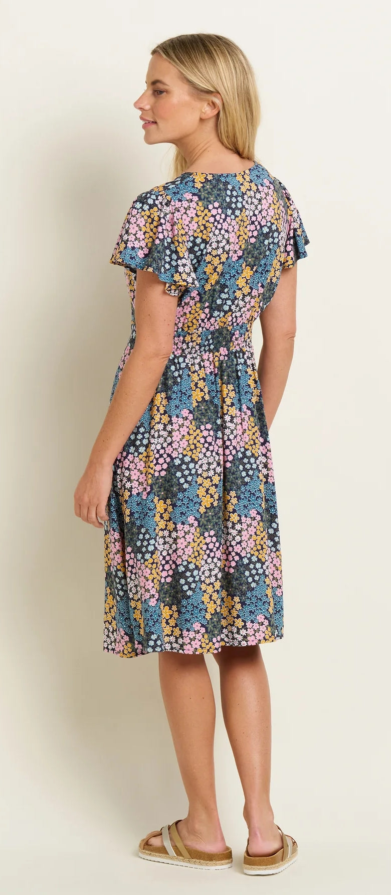 Brakeburn women's short sleeve viscose floral print multicoloured Wildflower Meadow Wrap Dress.
