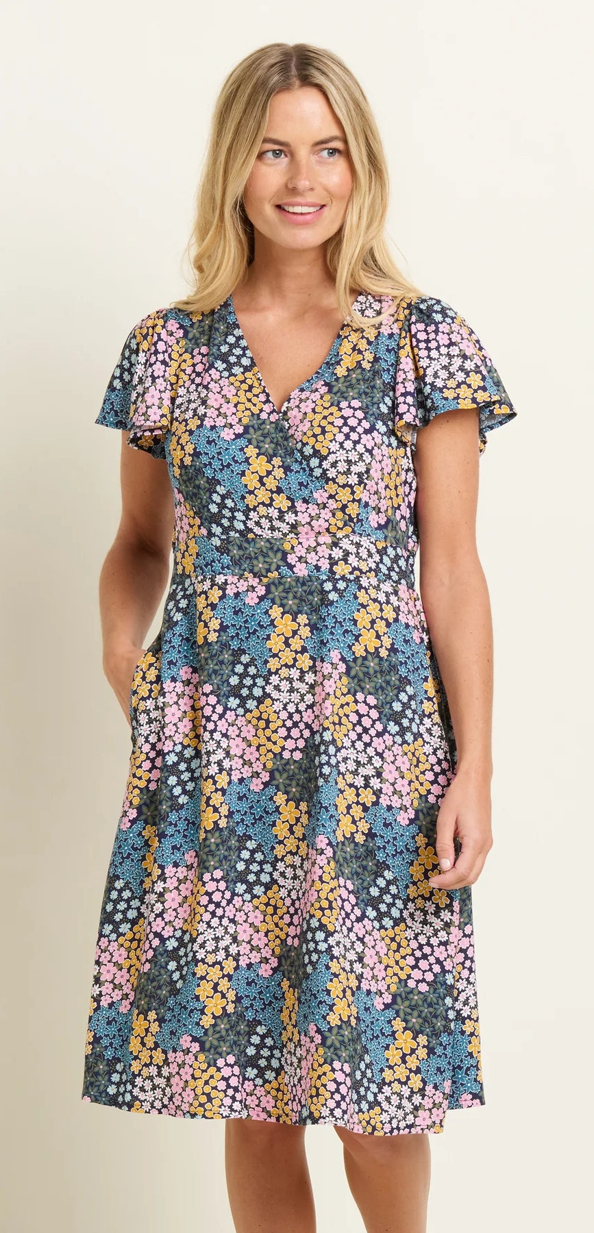 Brakeburn women's short butterfly sleeve viscose floral print multicoloured Wildflower Meadow Wrap Dress.