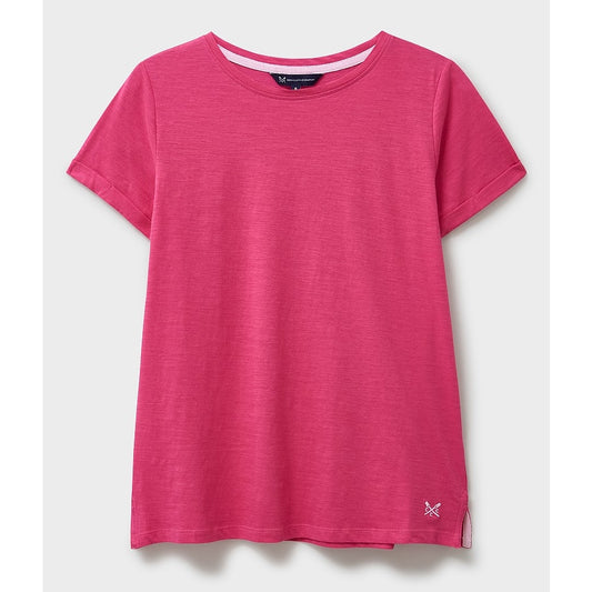 Front view of a womens Crew Clothing Perfect short sleeve plain t-shirt in raspberry pink