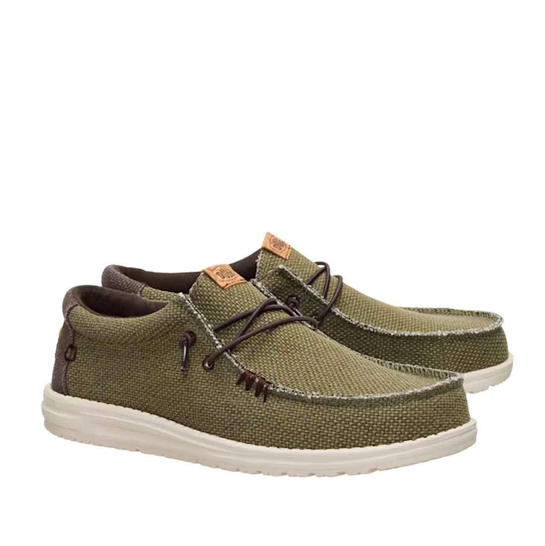 A pair of men's Dude Wally Braided lightweight canvas shoe in Burnt Olive / Delicioso Brown in a slip on style with laces.