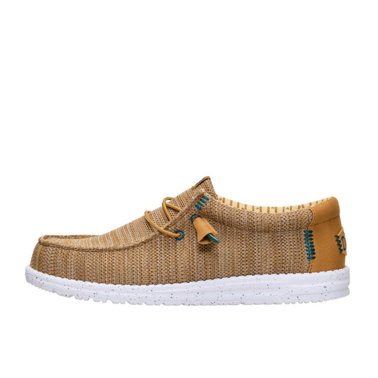 Side view of a men's Dude Wally Stretch Sox lightweight mesh shoe in Bone Brown / Multi, with elastic laces and a white speckled sole.