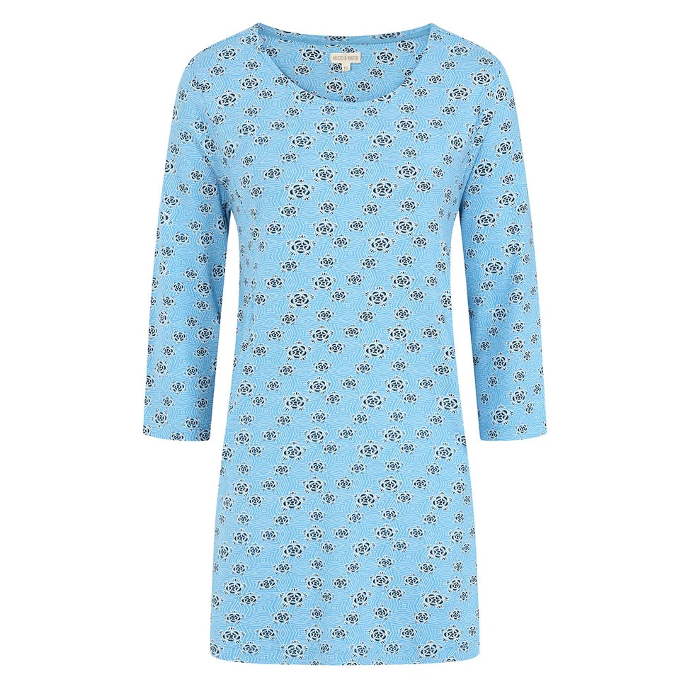 Front view of Mudd and Water womens Francoise tunic blue with floral geometric pattern and three-quarter sleeves