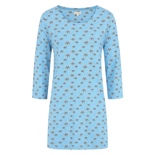 Front view of Mudd and Water womens Francoise tunic blue with floral geometric pattern and three-quarter sleeves