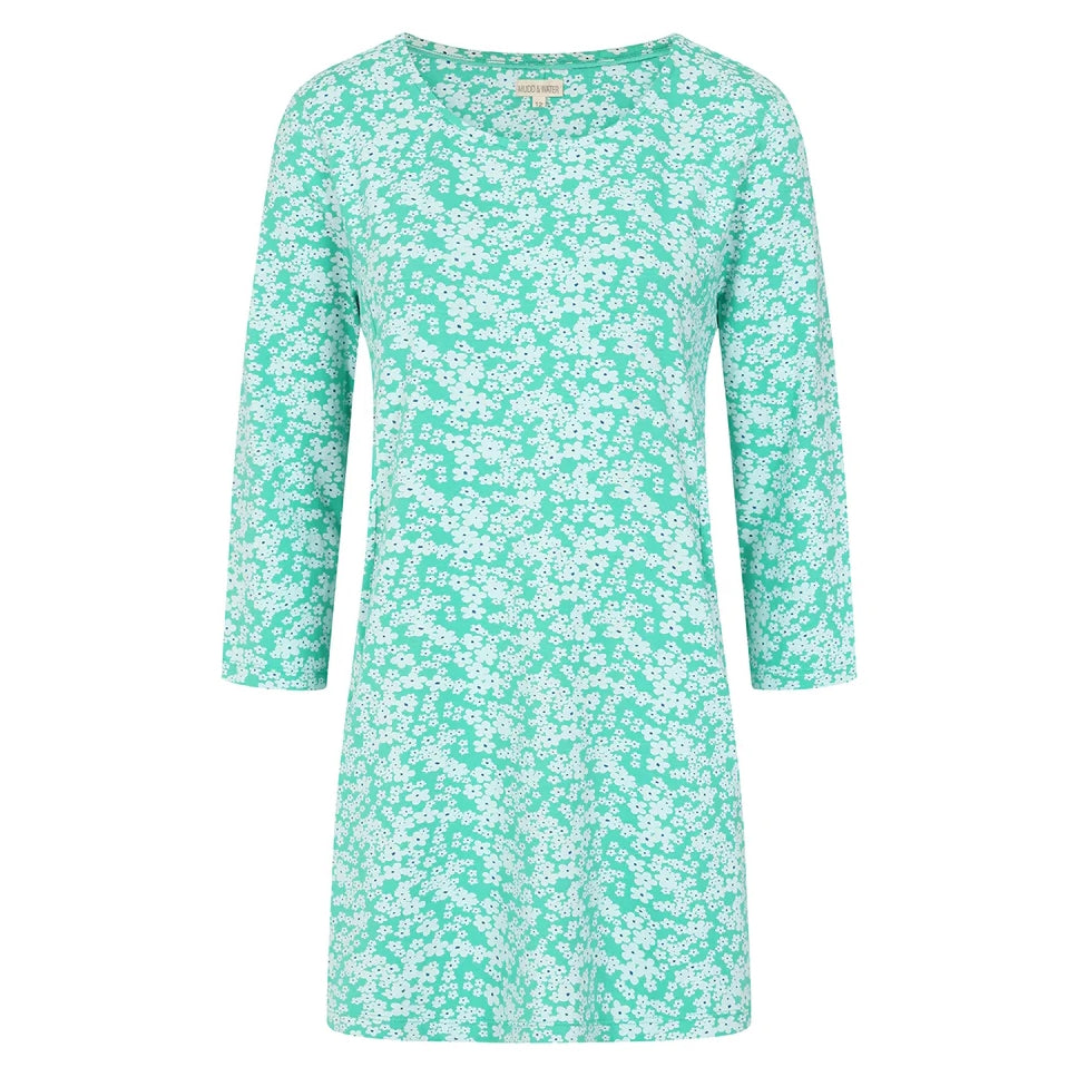 Front view of a Mudd Water womens Francoise tunic mint floral print long sleeve lightweight top