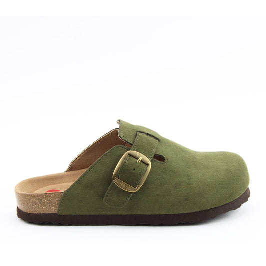 Side view of a womens Heavenly Feet Alessia Cool Forest Green mule clog shoe with a gold buckle