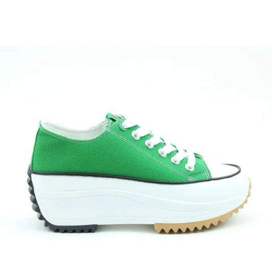 Side view of a Heavenly Feet womens Strata green lace up canvas shoe with white platform sole.