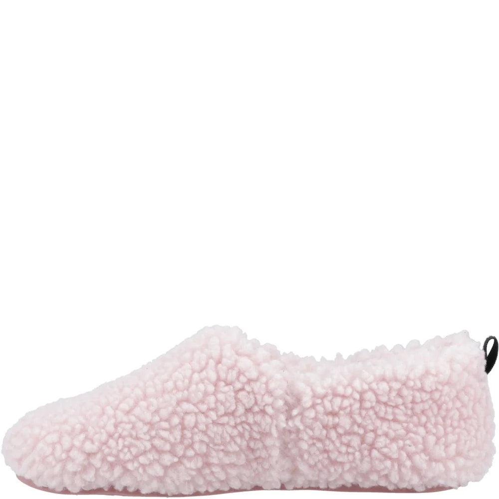Womens Hush Puppies Emily pink fluffy slippers on a white background