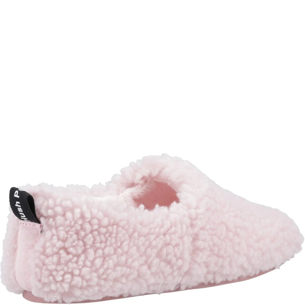 Hugh Puppies womens Emily pink fluffy slipper with brand label on a white background