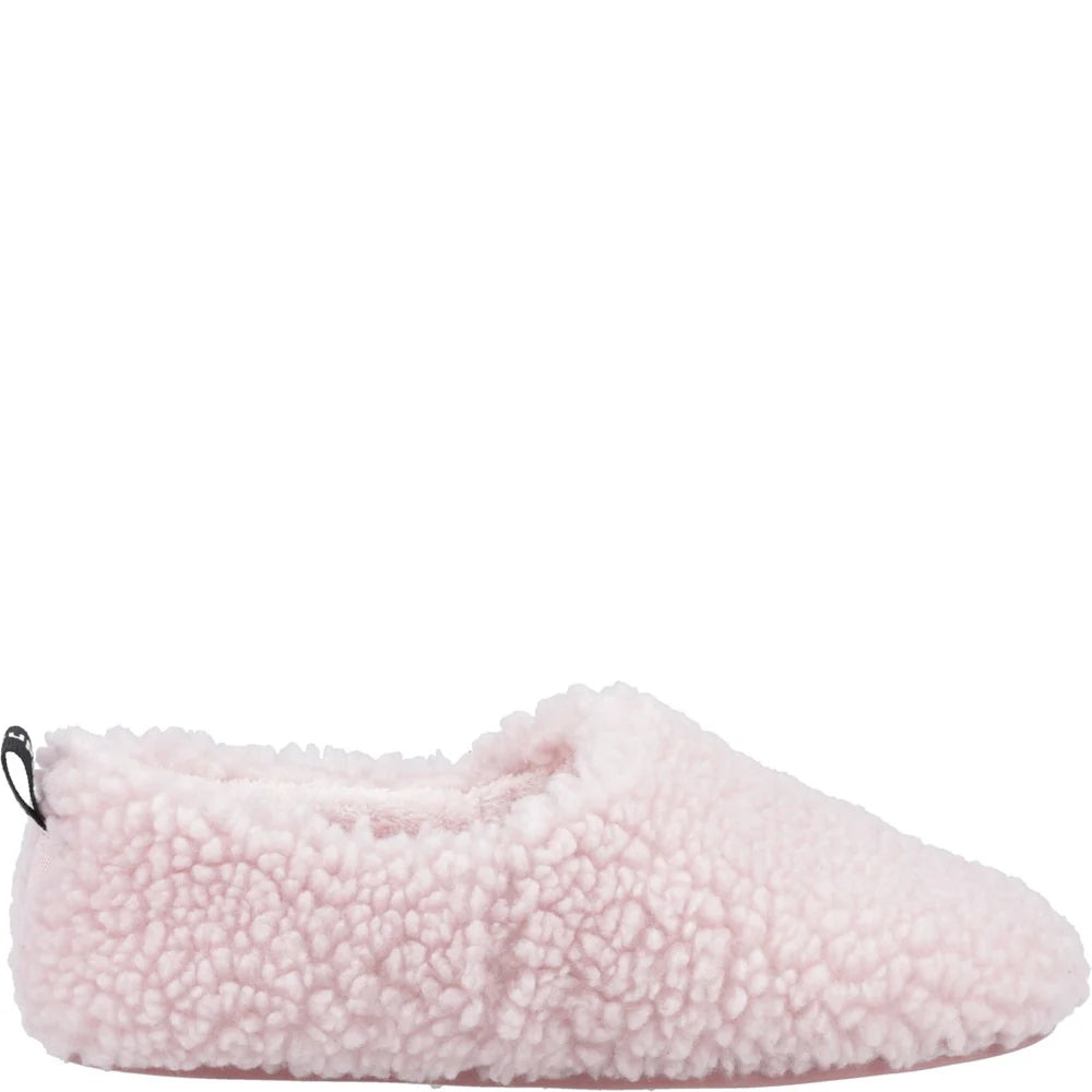 Pink fluffy womens Hush Puppies slippers on a white background