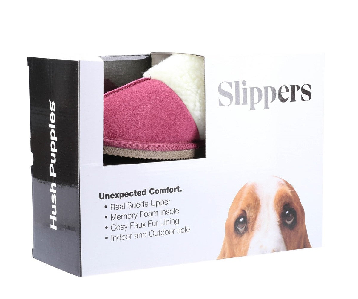 Women's Hush Puppies Arianna slipper in pink suede with fluffy cream trim in a shoebox.